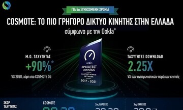Cosmote: Για 5η συνεχή χρονιά αναδείχθηκε ως «το πιο γρήγορο δίκτυο κινητής στην Ελλάδα»